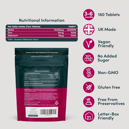 Biotin Hair Growth 10000 mcg with Zinc & Selenium – 180 Vegan Tablets for Hair, Skin & Nails for Women & Men