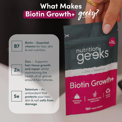 Biotin Hair Growth Supplement 10000 mcg with Zinc & Selenium – 180 Vegan Tablets for Hair, Skin & Nails, Women & Men